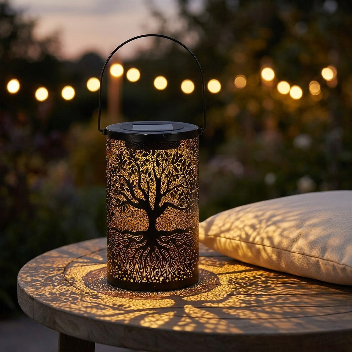 Lanterne solaire arbre de vie posée sur une table de jardin avec guirlande lumineuse en arrière-plan