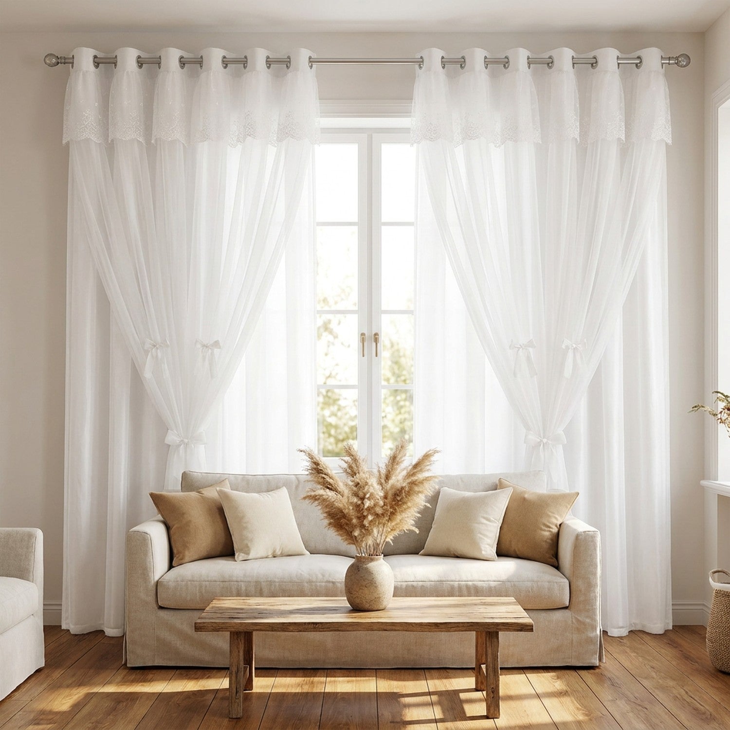 Rideau voilage blanc double couche habillant la fenêtre d'un salon lumineux