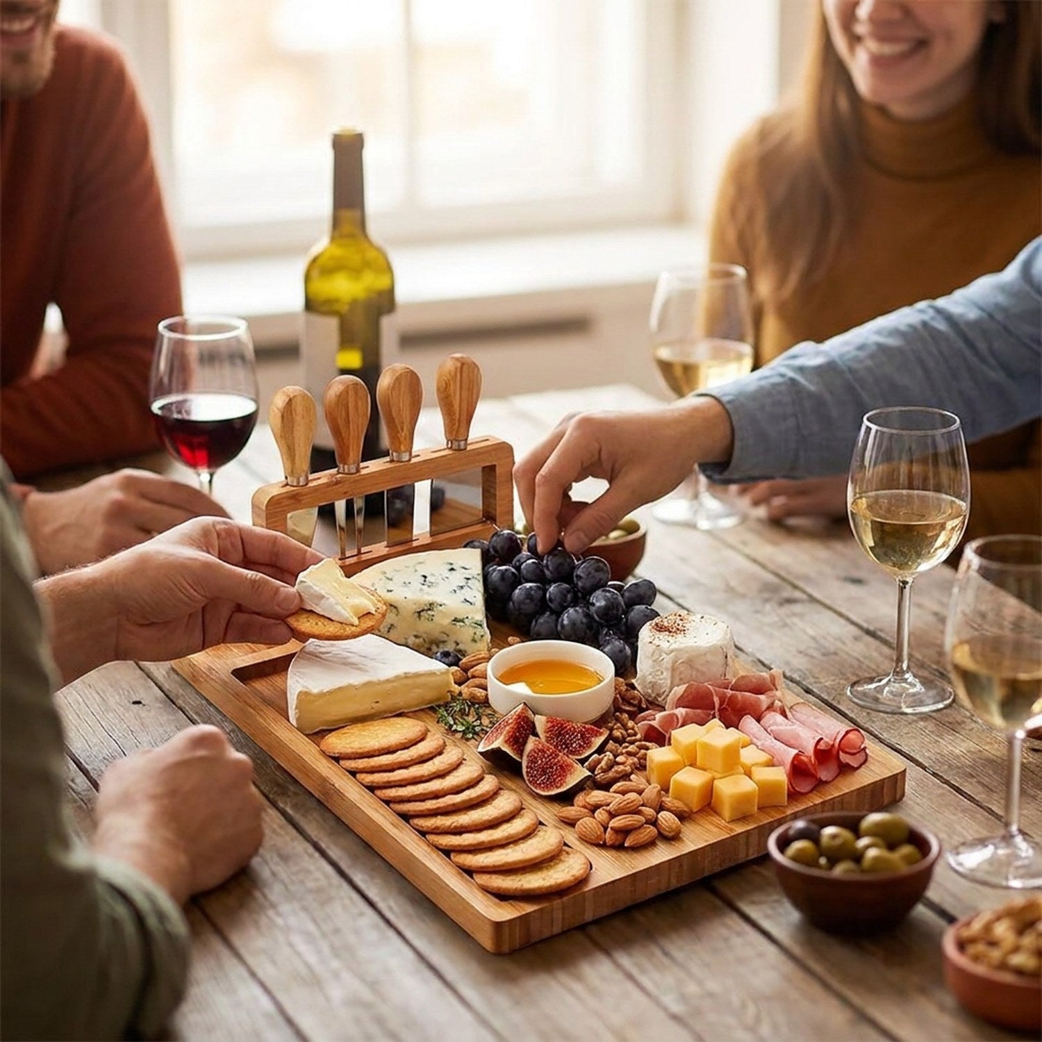Plateau à fromage en bambou au centre d une table d apéritif entre amis