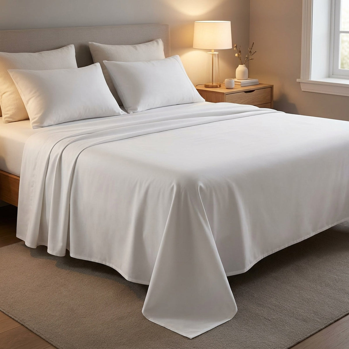 Drap plat blanc posé sur un lit avec veilleuse allumée dans une chambre chaleureuse