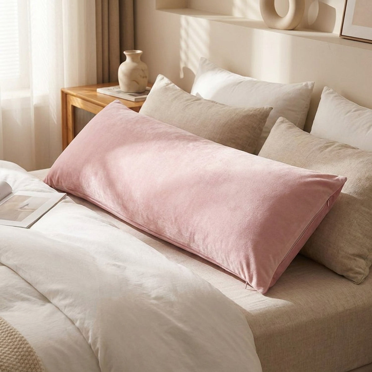 Taie d'oreiller longue rose sur un lit avec commode en bois et vase