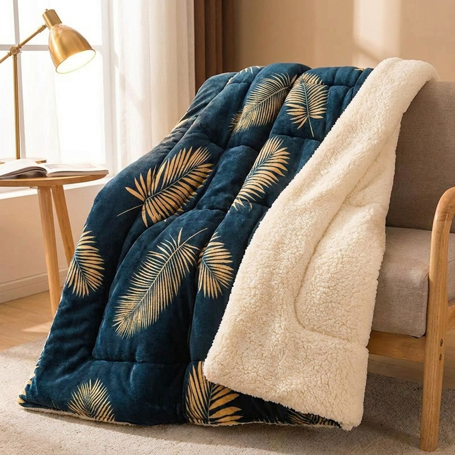 Couverture polaire feuilles dorées drapée sur un fauteuil cocooning près d'une fenêtre