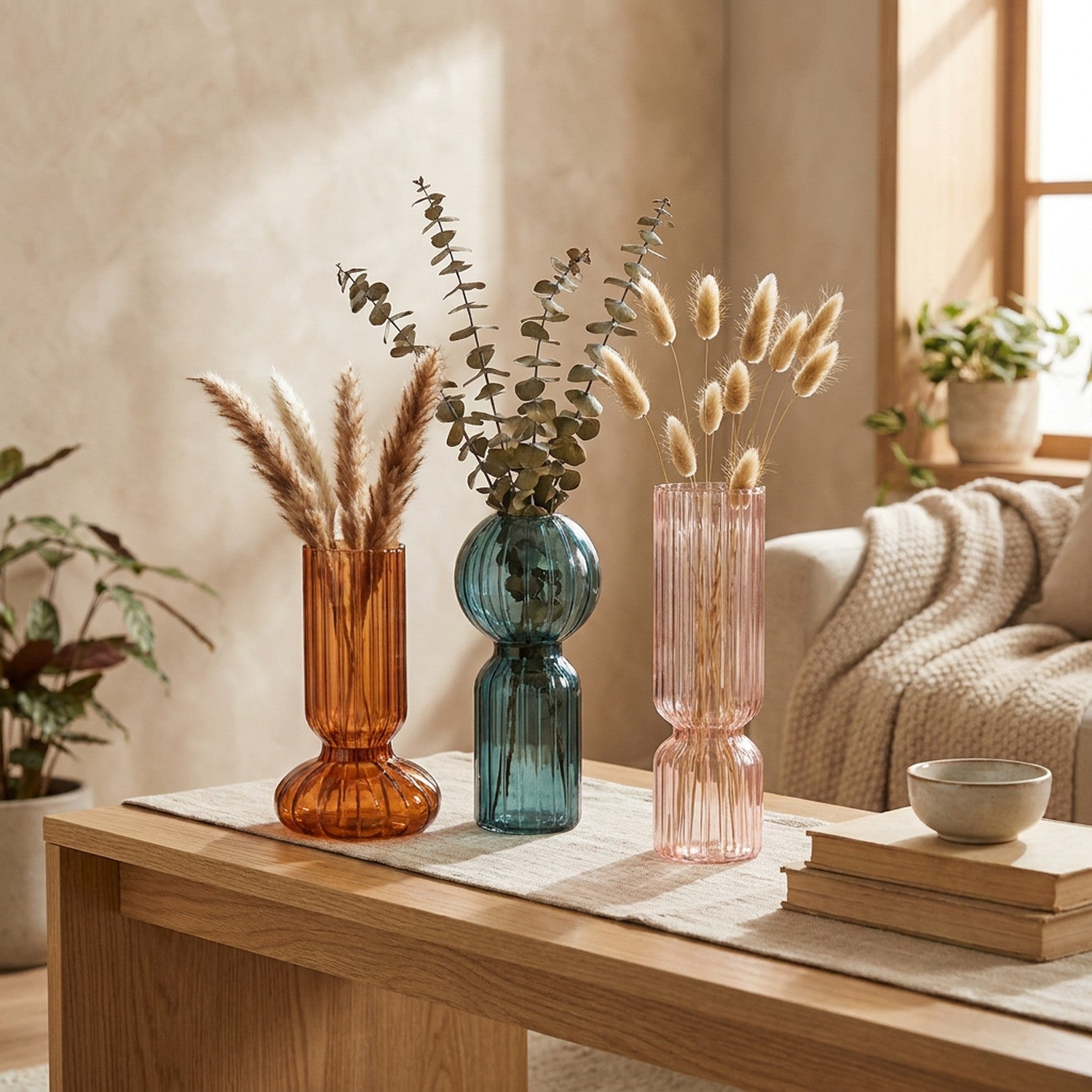 Trois vases en verre nervuré ambre bleu et rose groupés sur une console avec fleurs séchées