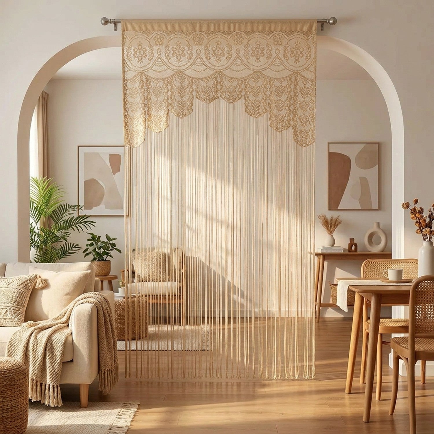 Rideau de porte en macramé champagne utilisé en séparation de pièce dans un salon bohème