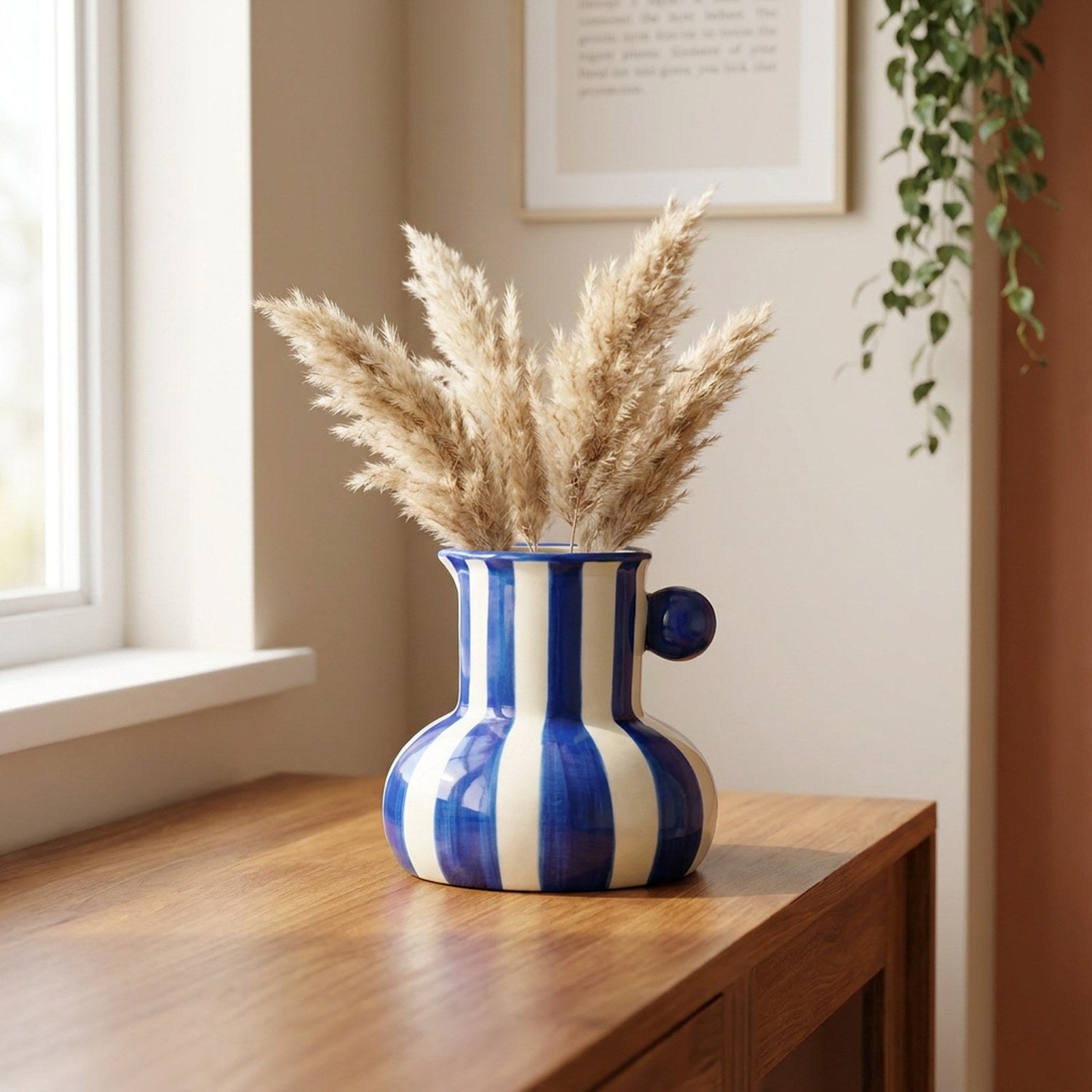Vase rayé bleu avec herbes de la pampa sur une console en bois dans un salon lumineux