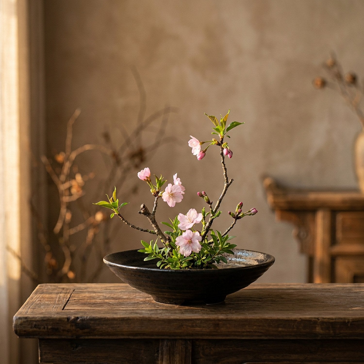 Composition florale ikebana dans un vase en céramique noire sur une table en bois