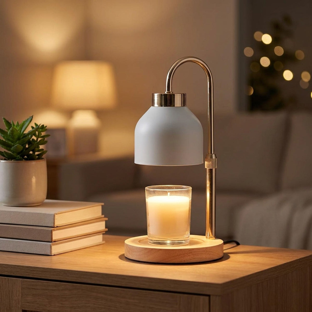 Lampe chauffe-bougie posée sur une console dans un salon chaleureux le soir