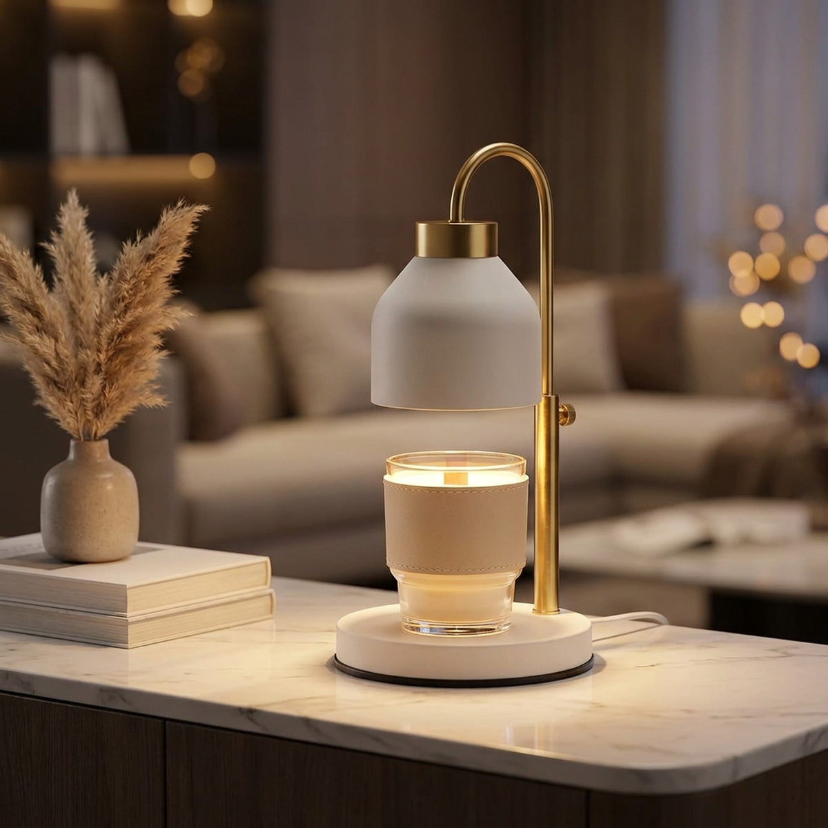 Lampe chauffe-bougie sur une console en marbre dans un salon élégant le soir