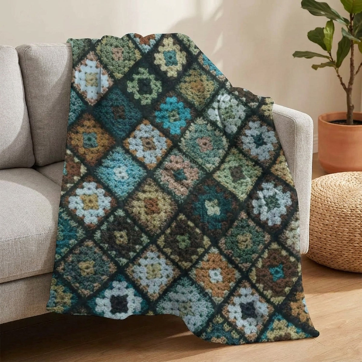 Plaid patchwork multicolore drapé sur le fauteuil d'un canapé gris avec plante et pouf en fibres naturelles