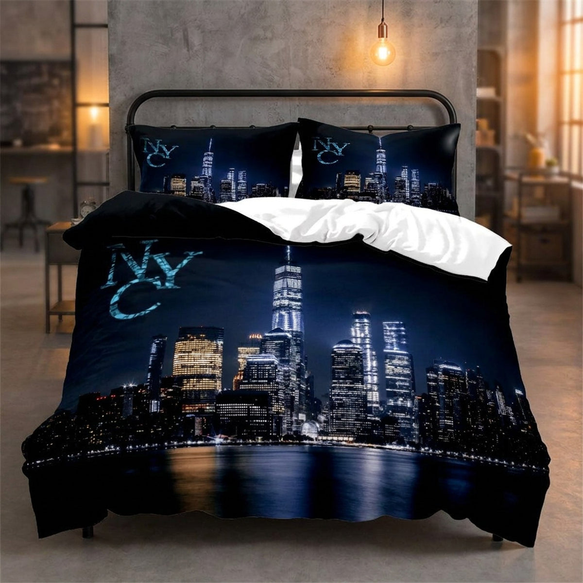 Parure de lit skyline new-yorkais dans une chambre industrielle avec mur en béton