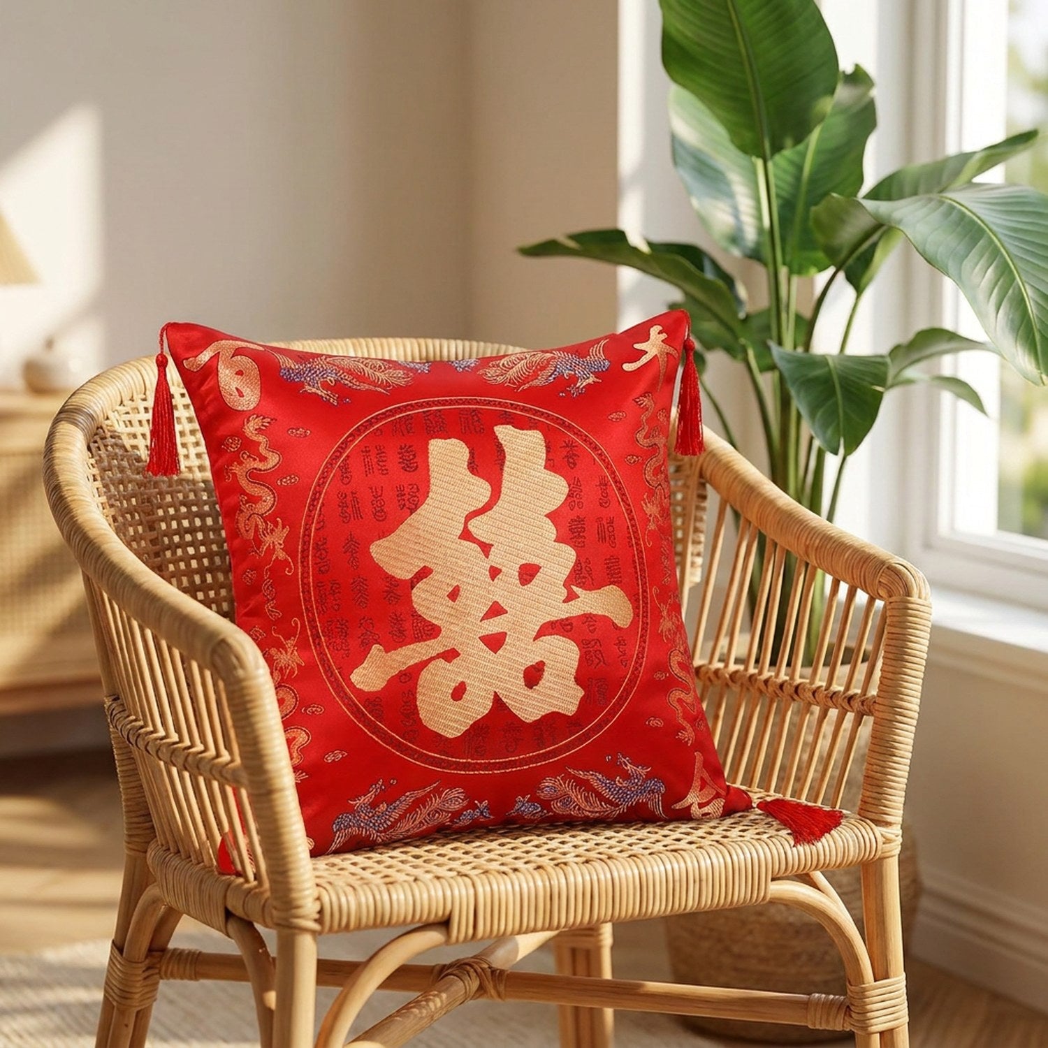 Housse de coussin brodée motif médaillon doré posée sur un fauteuil en rotin