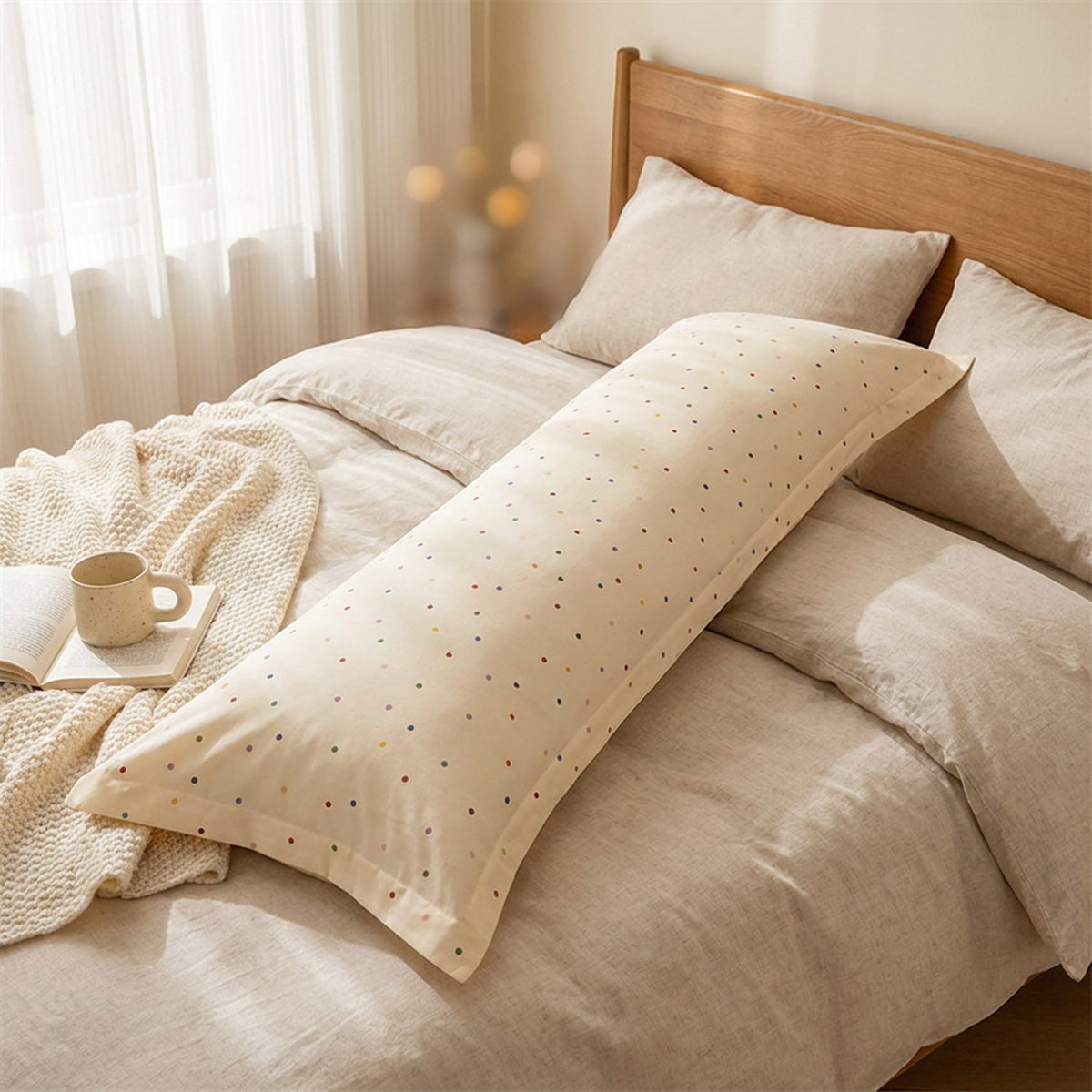 Taie d'oreiller longue imprimée pois sur un lit avec lampe de chevet allumée