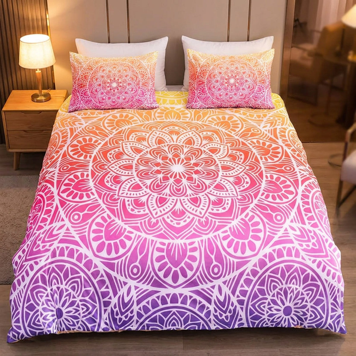 Parure de lit bohème mandala dégradé dans une chambre moderne avec table de chevet et lampe