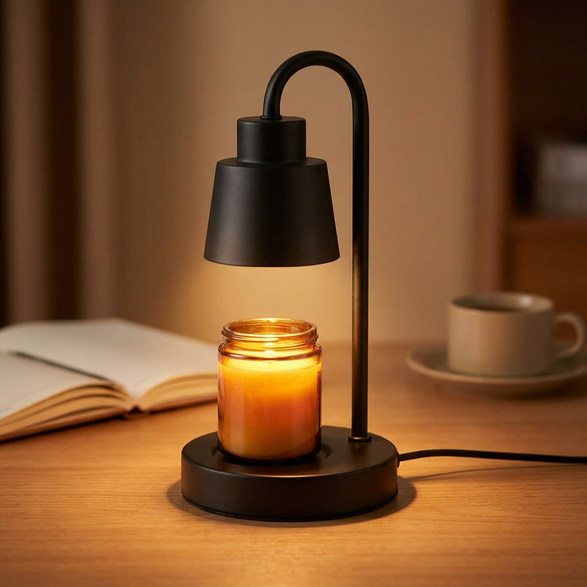 Lampe chauffe-bougie noire sur un bureau avec un carnet ouvert et une tasse de café