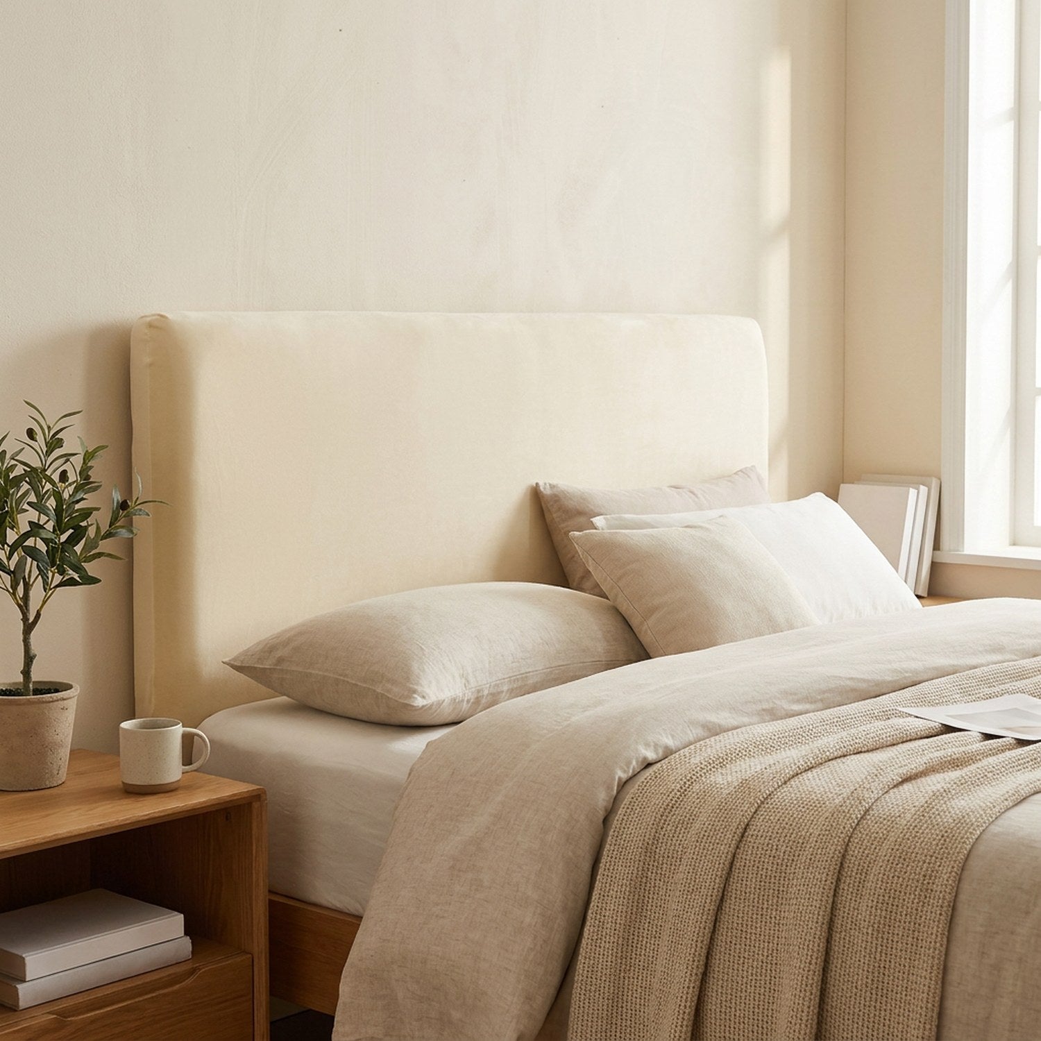 Chambre avec une tête de lit habillée d'une housse en velours beige