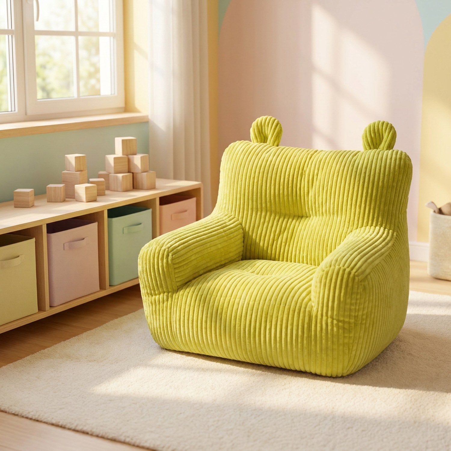 Pouf mini canapé enfant jaune vert dans une salle de jeux lumineuse près d'une étagère à jouets