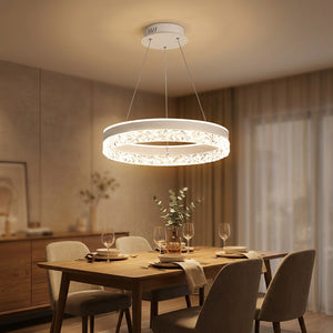 Suspension anneau LED allumee au-dessus d une table a manger contemporaine