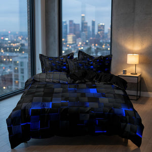 Parure de lit cubes 3D bleus dans une chambre moderne près d'une fenêtre au crépuscule