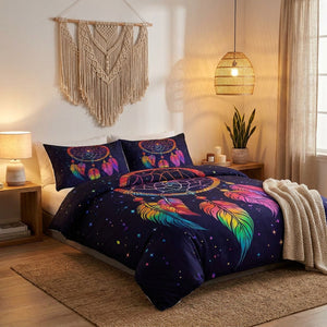 Parure de lit boho mandala dans une chambre avec suspension en rotin