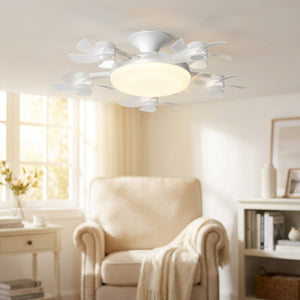 Ventilateur de plafond LED dans un coin lecture chaleureux