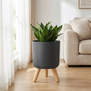 Cache-pot gris anthracite sur pieds en bois avec une plante verte près d une fenêtre