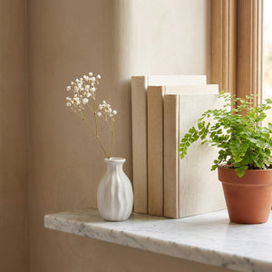 Mini vase blanc en céramique sur une étagère en marbre avec une plante verte