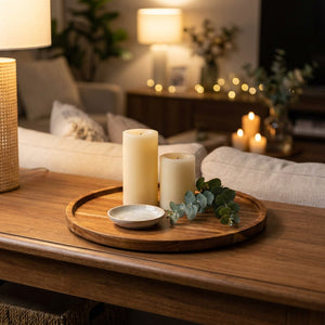 Plateau rond en bois d'acacia avec bougies et eucalyptus sur une console de salon