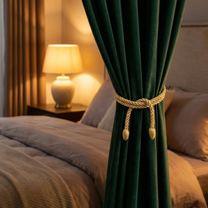 Embrasse de rideau tressée dorée sur un rideau vert dans une chambre chaleureuse