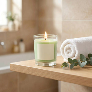 Bougie parfumée verte allumée sur une étagère de salle de bain avec eucalyptus
