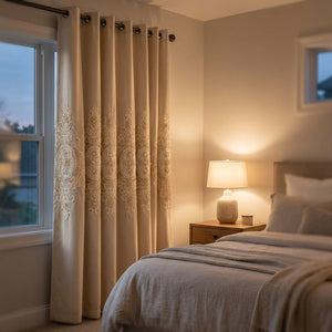 Rideau occultant à motifs floraux brodés dans une chambre cocooning avec lampe de chevet