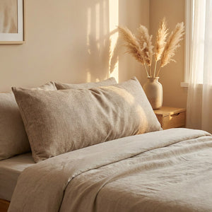 Housse de coussin longue beige sur un lit à la lumière dorée avec pampa