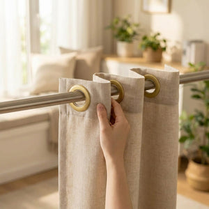 Main faisant glisser un rideau à œillets le long de sa tringle