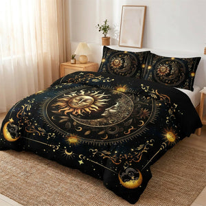 Parure de lit céleste sur un lit vue de côté dans une chambre douce et lumineuse