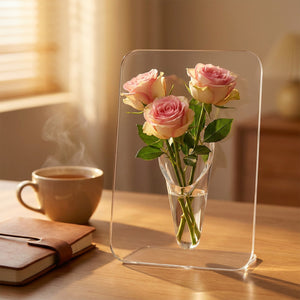 Vase à fleurs rectangle en acrylique transparent avec des roses sur un bureau en bois