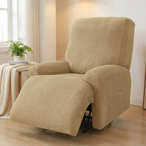 Detail de la maille gaufree extensible de la housse beige sur accoudoir du fauteuil inclinable