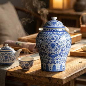 Vase chinois en céramique sur une table en bois avec théière assortie