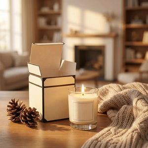 Bougie parfumée allumée à côté de son coffret cadeau ouvert dans un salon chaleureux