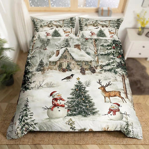 Parure de lit de Noël près d'une fenêtre avec neige tombant dehors