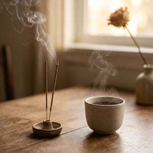 Bâtons d'encens japonais fumant à côté d'une tasse de thé sur une table en bois