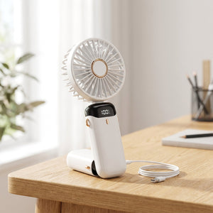 Mini ventilateur portable blanc sur un bureau avec câble USB de recharge