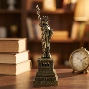 Statue de la Liberté en bronze sur un bureau avec des livres et une horloge