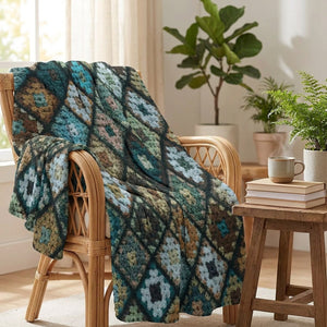 Plaid patchwork multicolore drapé sur un fauteuil en rotin près d'une fenêtre avec plantes vertes