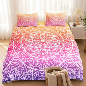 Parure de lit bohème mandala dégradé dans une chambre claire aux rideaux voilage
