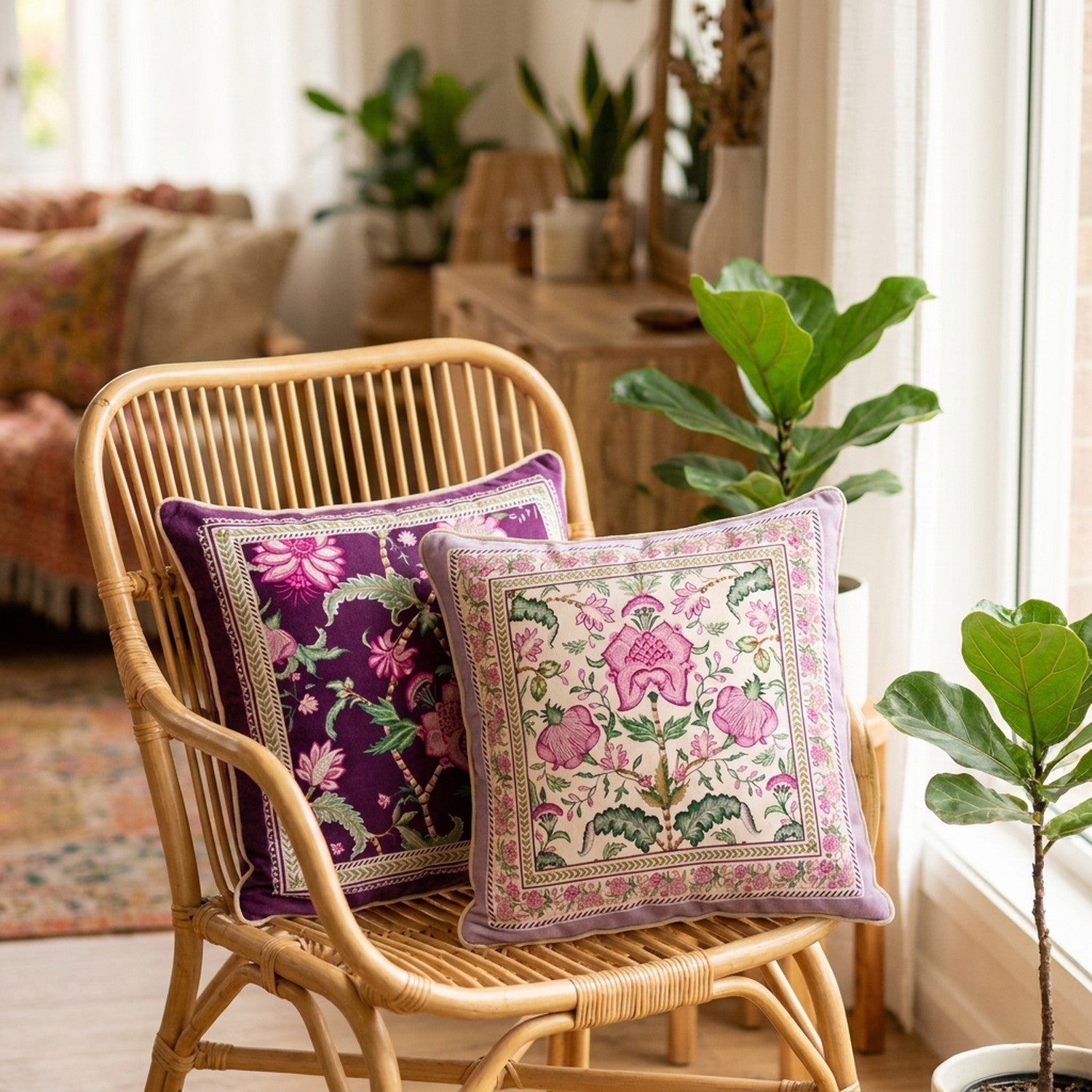 Deux housses de coussin florales bohème posées sur un fauteuil en rotin près d'une fenêtre avec des plantes vertes