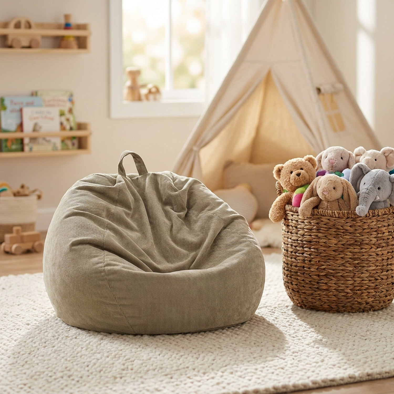 Pouf poire beige en velours côtelé dans une chambre d enfant avec panier de peluches