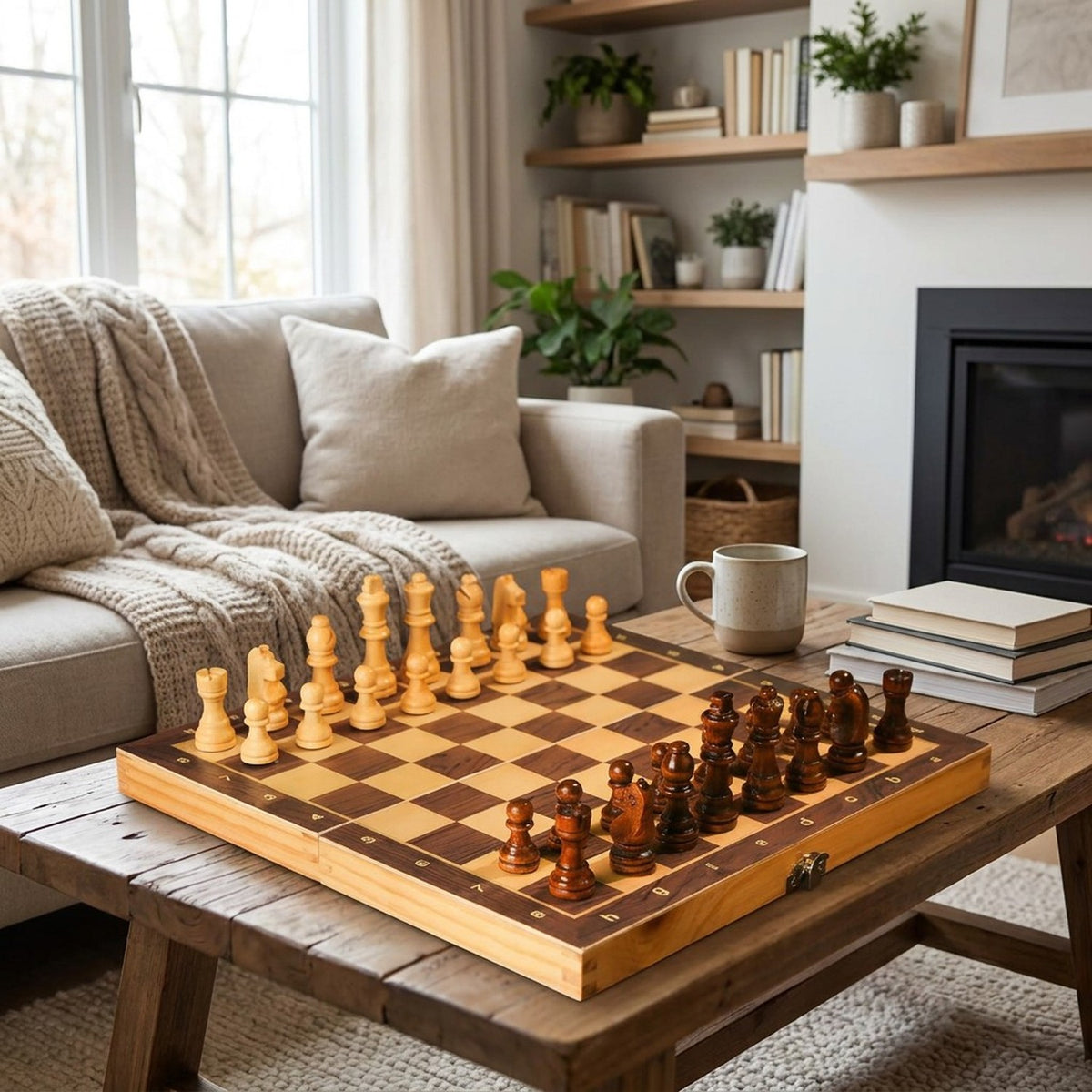Jeu d'échecs en bois dans un salon moderne