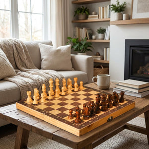 Jeu d'échecs en bois dans un salon moderne