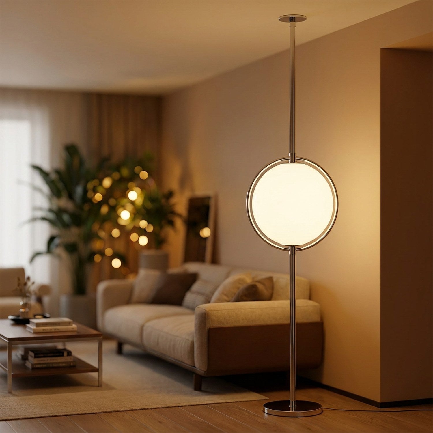 Lampadaire plafond-sol à boule blanche allumé – ambiance intérieure 1