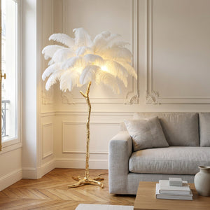 Lampadaire plumes d'autruche - ambiance salon nordique