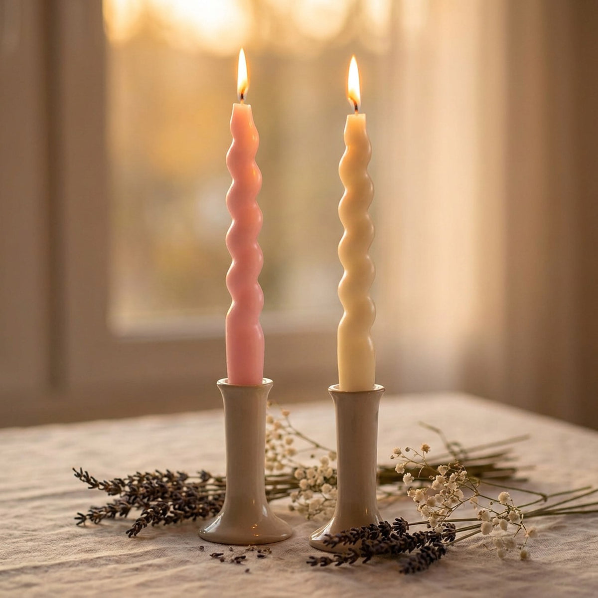 Deux bougies spirales allumées sur nappe lin avec lavande séchée lumière dorée